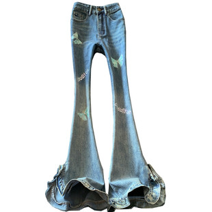 侧开叉微喇叭牛仔裤女春季渐变水洗高腰蝴蝶刺绣显瘦拖地马蹄裤子