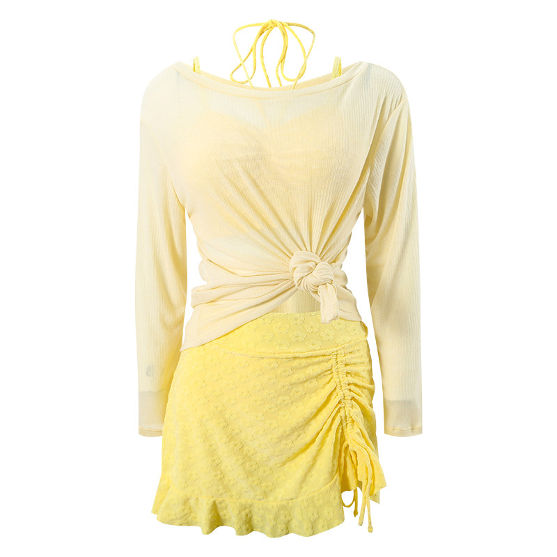 2025新款大码胖mm泳衣女黄色分体性感比基尼三件套辣妹度假风温泉