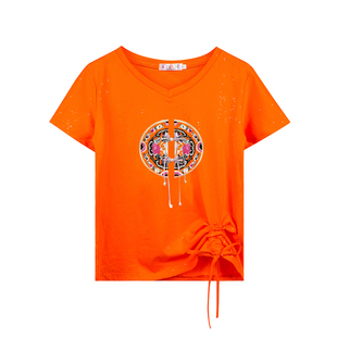 新中式国风大码夏装短袖t恤修身上衣服女士纯棉鸡心领半袖体恤衫