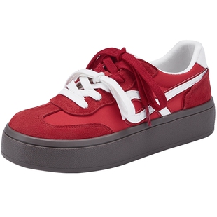 热风厚底德训鞋女款2026年春季新款红色休闲鞋新年百搭增高女鞋子