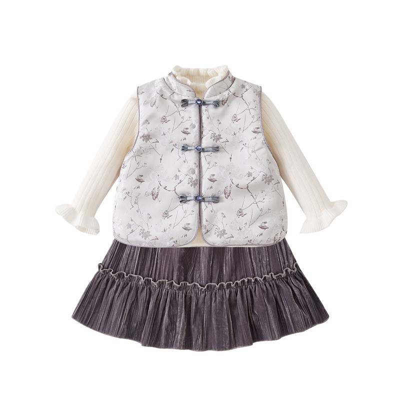 女童加绒加厚马甲裙子拜年服套装