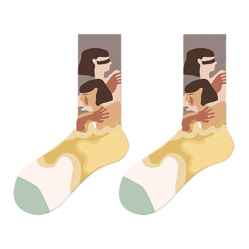 5双纯棉袜子女款中筒袜男士春秋季设计感ins潮复古薄款插画青少年