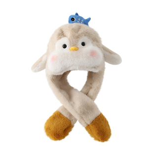 儿童耳朵会动可爱企鹅毛绒帽子围巾一体加厚保暖防寒骑车护耳帽女