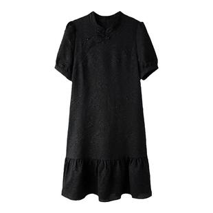 黑色立领盘扣新中式连衣裙2026夏季新款大码女装气质时尚a字裙子
