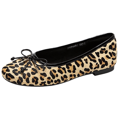千百度蝴蝶结复古羊皮豹纹平底鞋女百搭气质新款晚晚鞋浅口单鞋