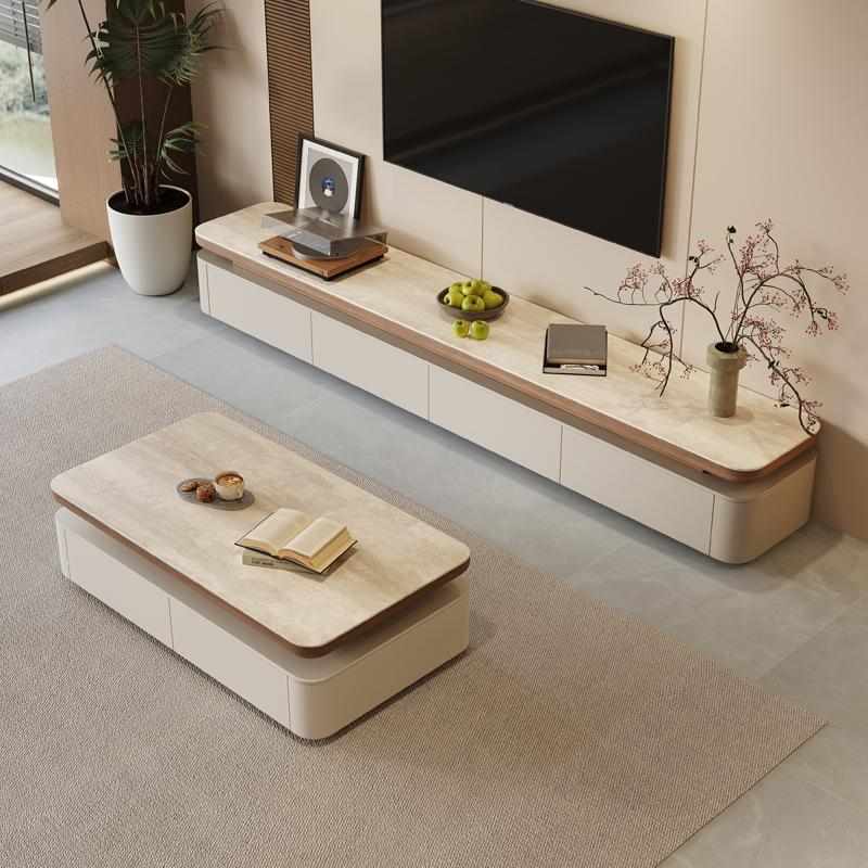 2025奶油风胡桃色岩板茶几客厅家用落地极简中古洞石电视柜小户型