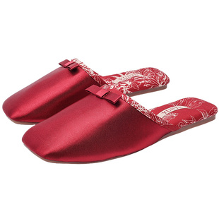 匠心婚履轻奢珠光缎面高级一对结婚拖鞋情侣新婚新娘陪嫁喜庆红色