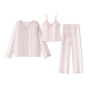 海岛绒睡衣三件套女法兰绒带胸垫冬季防凸点吊带牛奶绒家居服薄绒