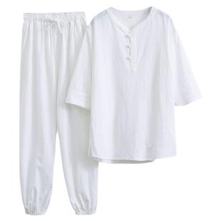 春夏季棉麻唐装男女款中长袖套装禅服中国风海青居士中式复古汉服