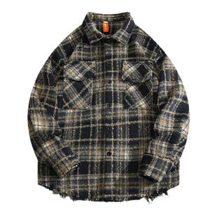 BOYUE帛跃秋冬时尚高级感流苏毛边格子衬衫男青少年潮牌痞帅衬衣