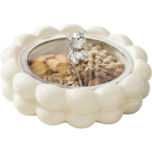奶油风陶瓷干果盘分格带盖客厅家用坚果零食糖果收纳盒轻奢高级感