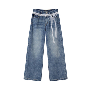 SOMESOWE 蕾丝印花阔腿牛仔裤子女2025新款宽松直筒休闲微喇长裤