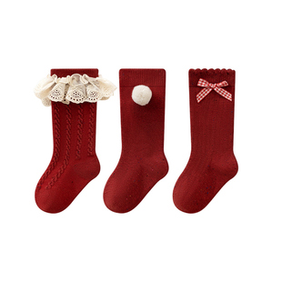 婴儿小腿袜春秋季宝宝松口无骨中筒袜女童百天周岁大红色新年棉袜