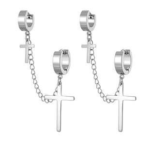 双耳洞十字架流苏耳环男款黑色链条耳钉耳骨钉钛钢耳扣耳圈耳饰女