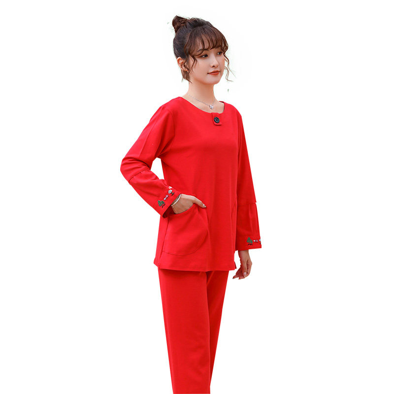 柔可佳秋冬女士新款红色纯棉长袖时尚休闲秋女全棉简约家居服套装
