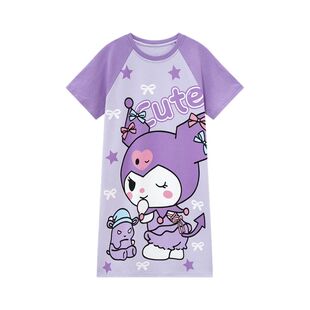 2026新款女童卡通睡裙夏季短袖中长款薄款纯棉吸湿排汗女孩家居服