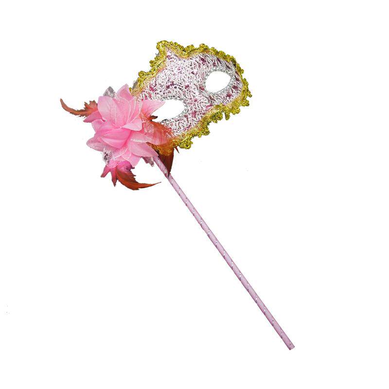 万圣节儿童面具成人精美蕾丝皮革包布羽毛侧花舞会手持面具半脸女