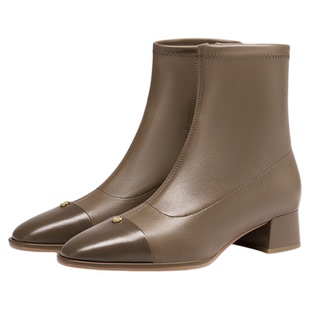 蹀愫冬袜靴粗跟棕色弹力靴加绒瘦瘦靴TA54711-11