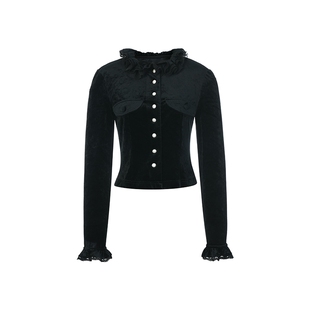 lefame拉飞姆冬季欧根纱荷叶边上衣黑丝绒衬衫设计感