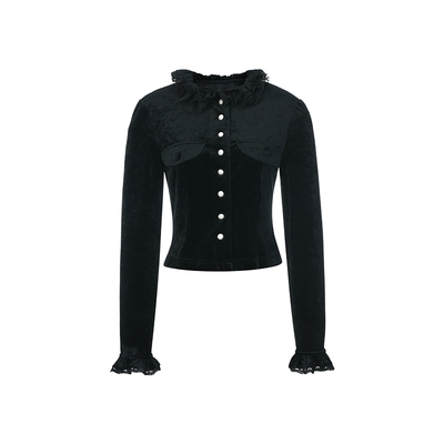 lefame拉飞姆冬季欧根纱荷叶边上衣黑丝绒衬衫设计感