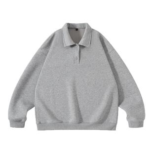 420g重磅翻领灰色卫衣新款春秋季宽松休闲POLO衫套头上衣长袖外套