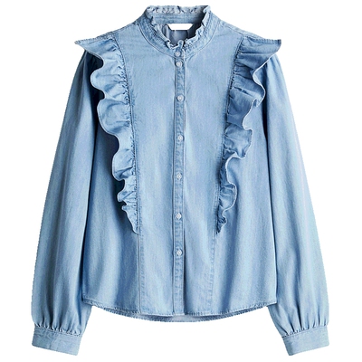 HM女装衬衫春季时尚休闲褶边宽松版柔软棉质上衣1262585