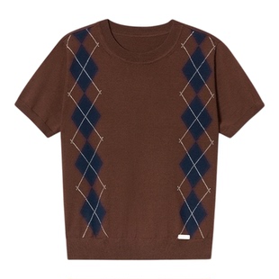 PSALTER诗篇美丽诺羊毛复古撞色菱格修身短款针织衫2025秋款