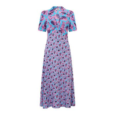 DVF香芋紫莓果图案V领短袖茶歇裙