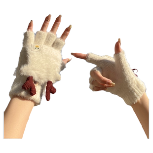 圣诞节礼物露指手套冬季女冬天保暖加绒加厚可爱半指毛茸茸学生