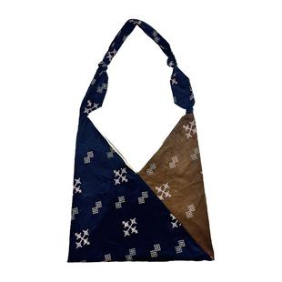 咩奇【蓝莓】三角包蓝棕撞色刺绣拼接单肩斜挎包灯芯绒包包帆布包