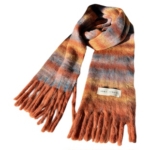 VOBA x TFBOYS 围巾女秋冬韩版新款保暖围脖蓝白格子外搭长款披肩