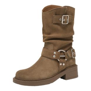 BeauToday真皮靴子时尚中筒靴女款春季西部牛仔靴复古堆堆靴短靴