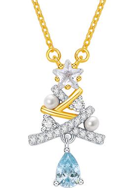 周六福极光雪树项链女淡水珍珠链坠S925银设计感节日礼物送女友