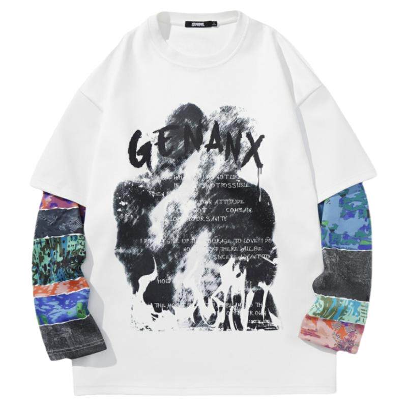GENANX闪电潮牌情侣卫衣泼墨设计拼接字母印花复古风假两件上衣男