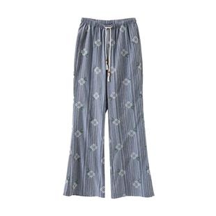 popchrio◆复古牛仔色印花休闲裤宽松显瘦薄款直筒拖地长裤子女夏