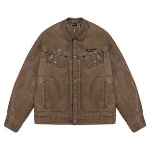 BJHG不计后果美拉德复古水洗皮衣外套女冬季情侣装宽松休闲上衣潮