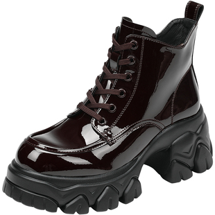 Hongkee/红科女靴新款圆头厚底粗跟亮面时尚短靴及踝靴HA84M400