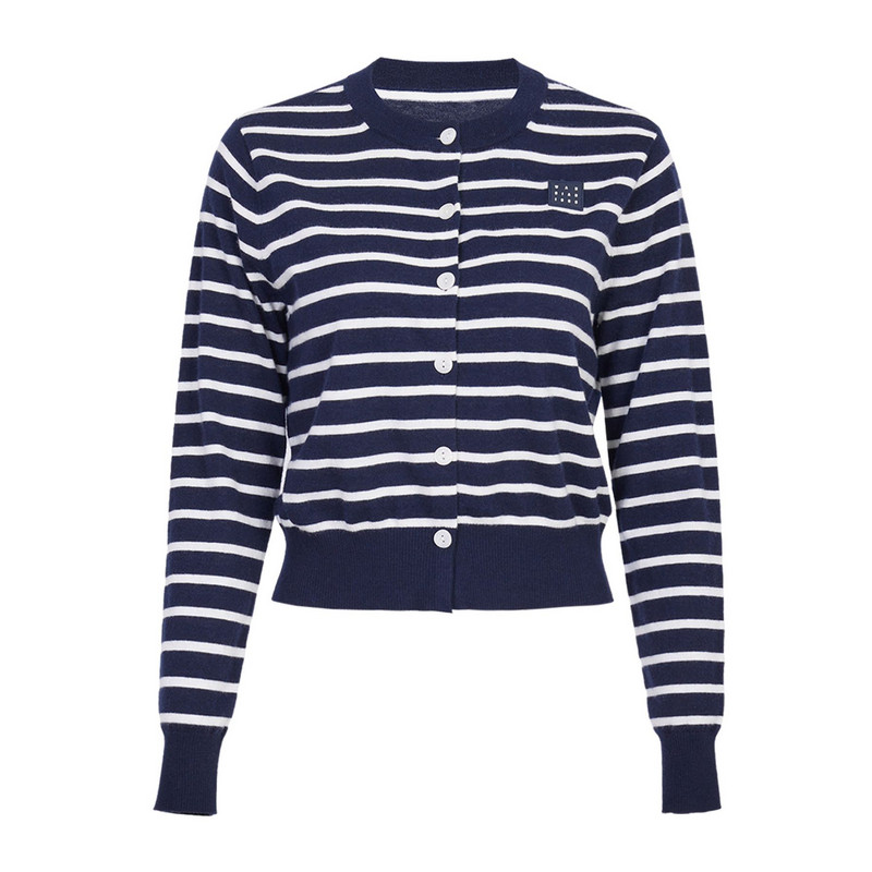 婉甸2026春季新品藏青条纹圆领毛织开衫H型长袖羊毛衫1251W08SX2