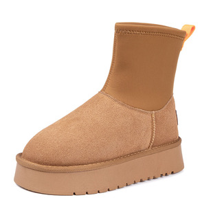 真皮百搭雪地靴女中筒厚底增高皮毛一体加绒短靴弹力袜筒铅笔靴子