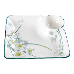 饺子盘家用2026新款虾盘带醋碟陶瓷高端水仙花分格薯条水饺专用盘