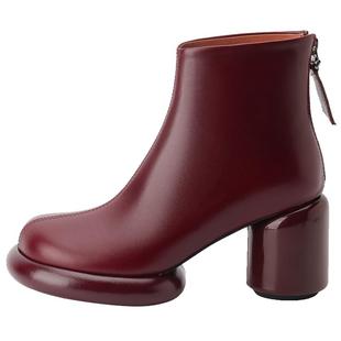 粗跟短靴女士2025正流行秋冬季新款厚底高跟鞋短筒酒红色真皮靴子