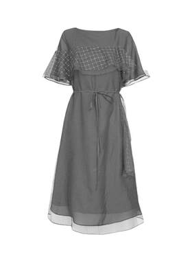 s.deer圆领格纹网纱短袖连衣裙