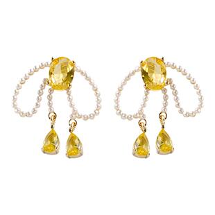 高级感轻奢黄水晶珍珠蝴蝶结耳坠耳环女无耳洞蚊香盘耳夹设计耳饰