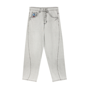 MindError 复古水洗3D剪裁男秋季新款小象阔腿直筒滑板牛仔长裤潮