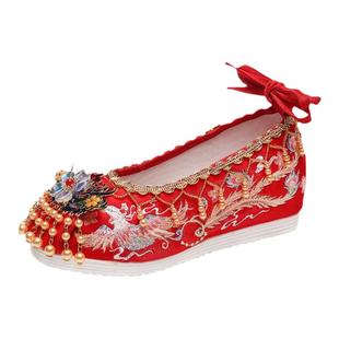 春季新款汉服鞋女古装内增高绣花鞋古风翘头中式婚礼新娘秀禾婚鞋