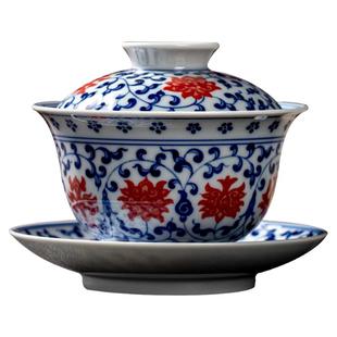 景德镇柴窑青花缠枝莲釉里红三才盖碗纯手工高端盖碗主人杯复古