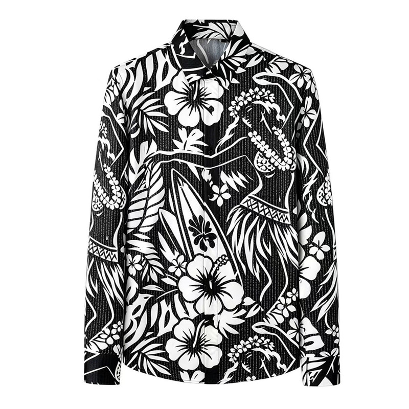 男装黑白花朵印花免烫长袖衬衫