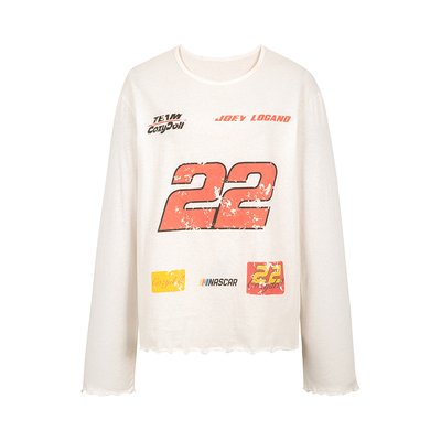 复古做旧印花木耳边全棉T恤