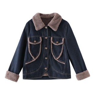 特大码女装胖mm复古拼接牛仔外套女加绒羊羔绒短款夹克港风上衣潮