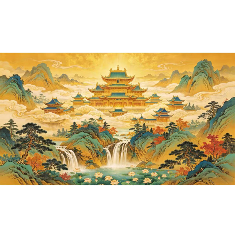天庭天宫阁楼仙境墙纸佛堂金色祥定制壁画